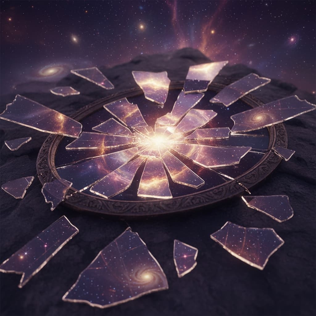 Espelho quebrado refletindo o cosmos